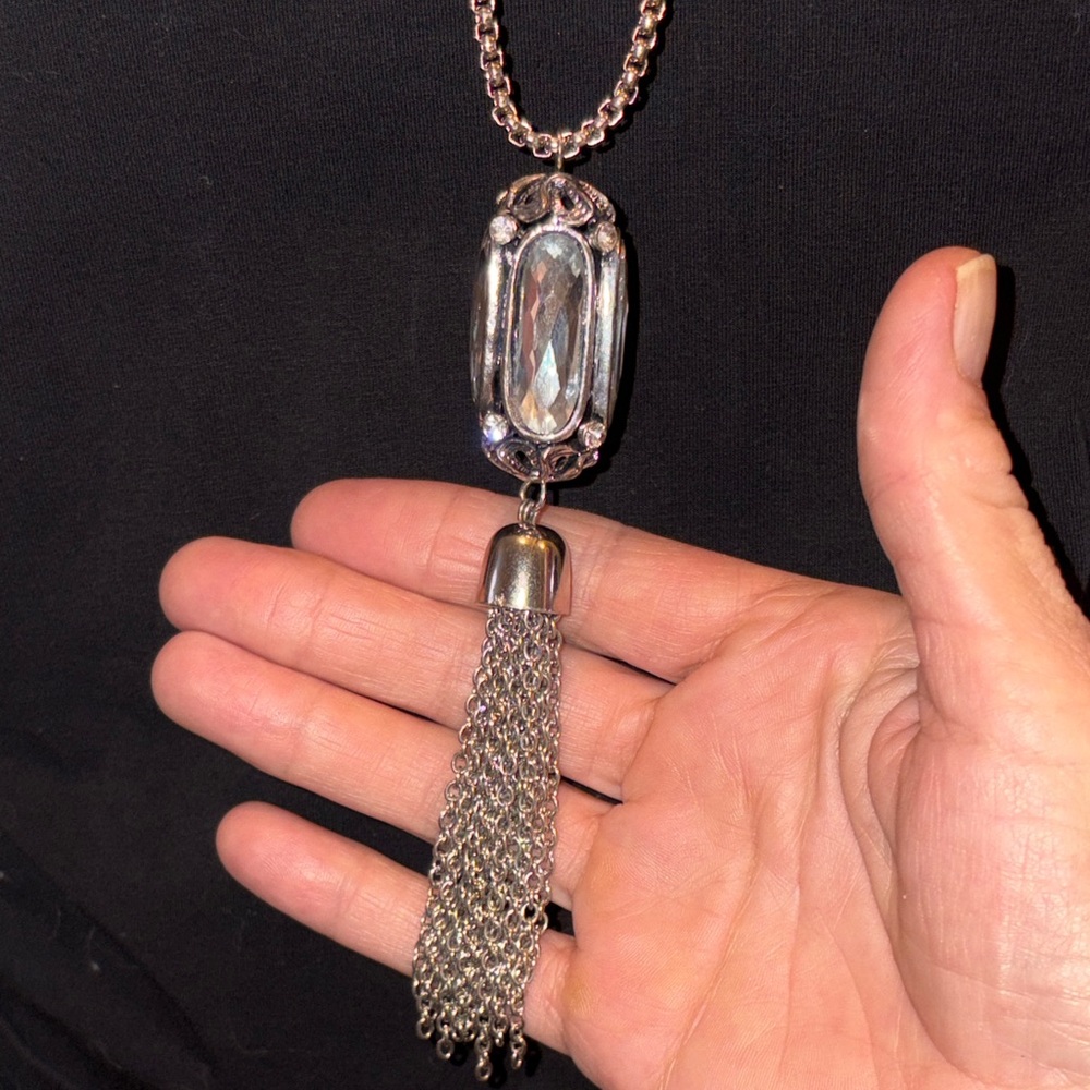 Vintage 4 crystal long tassel necklace with rhinestones in silver tone